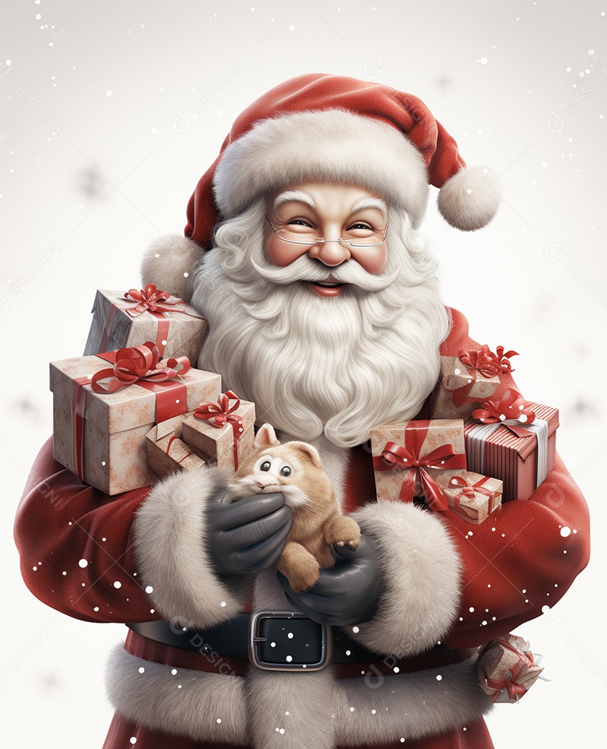 Papai Noel 3d com algumas caixas de presente em fundo branco transparente