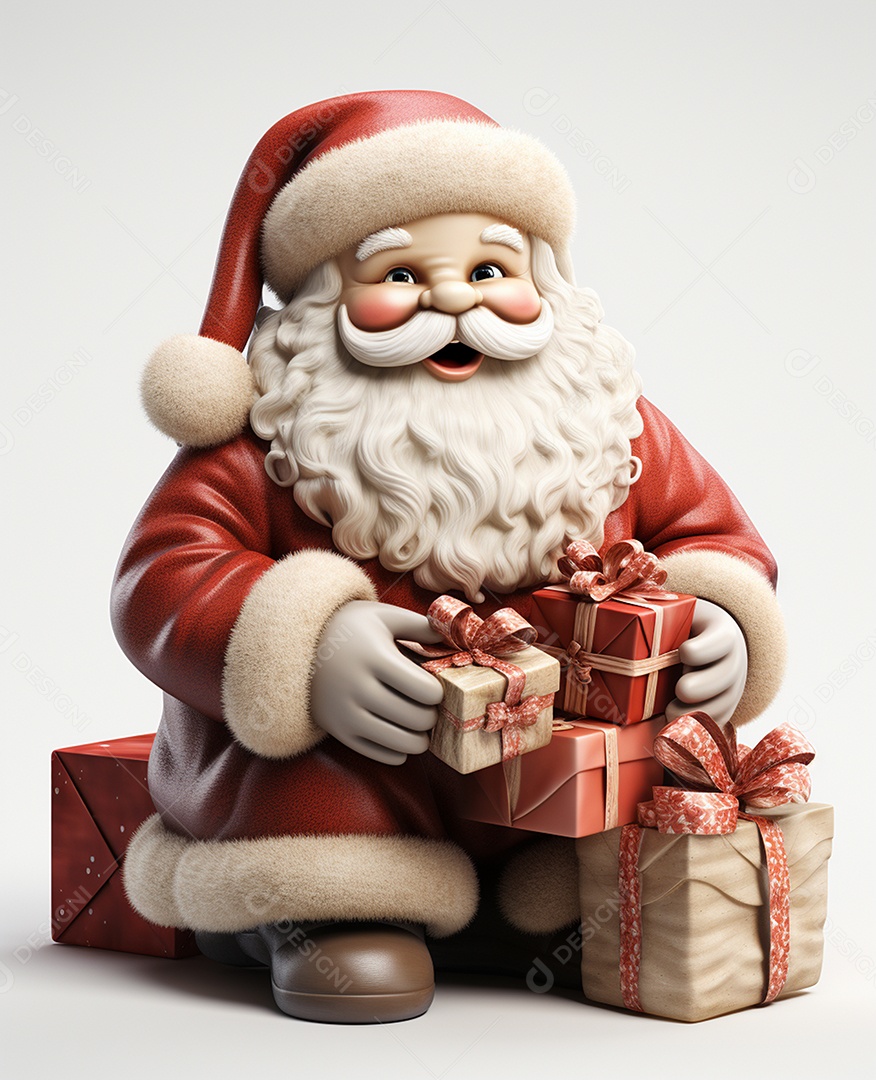 Papai Noel 3d com algumas caixas de presente em fundo branco transparente