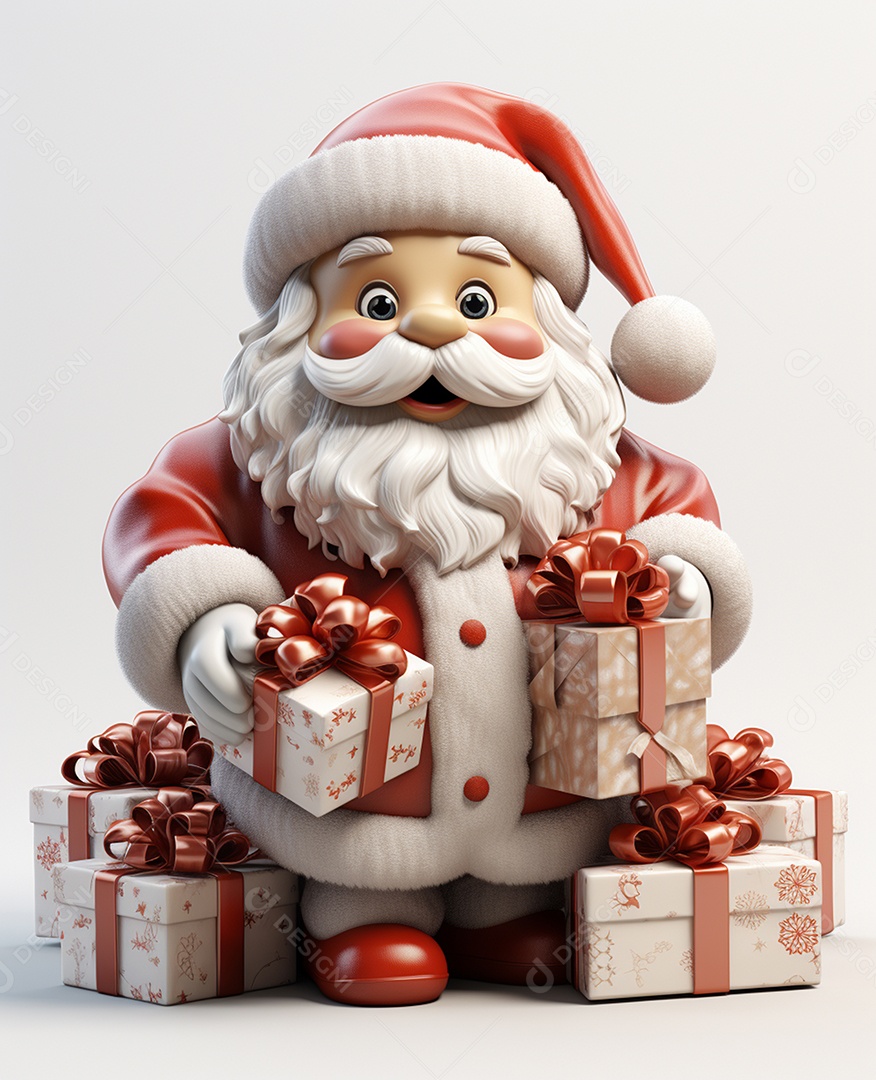 Papai Noel 3d com algumas caixas de presente em fundo branco transparente