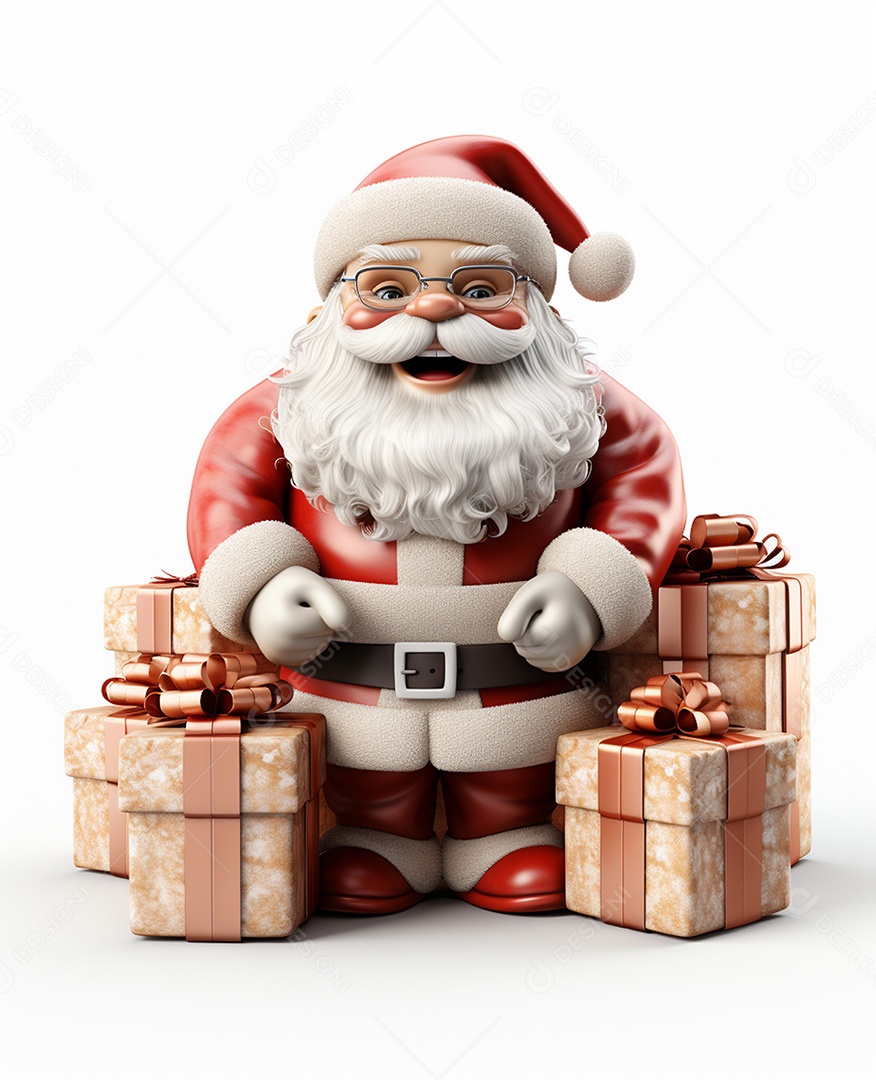 Papai Noel 3d com algumas caixas de presente em fundo branco transparente