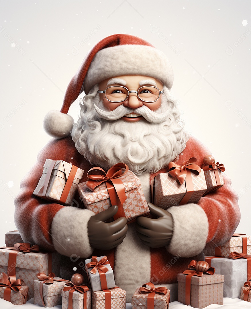 Papai Noel 3d com algumas caixas de presente em fundo branco transparente