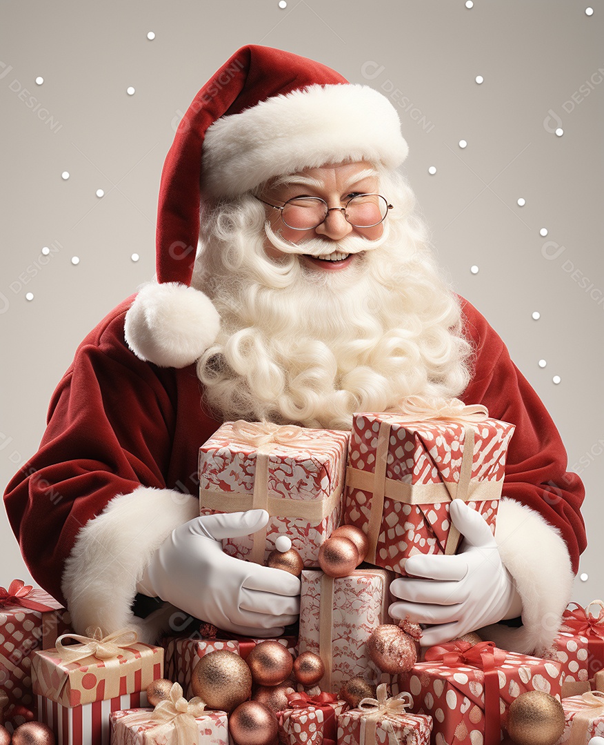 Papai Noel 3d com algumas caixas de presente em fundo branco transparente