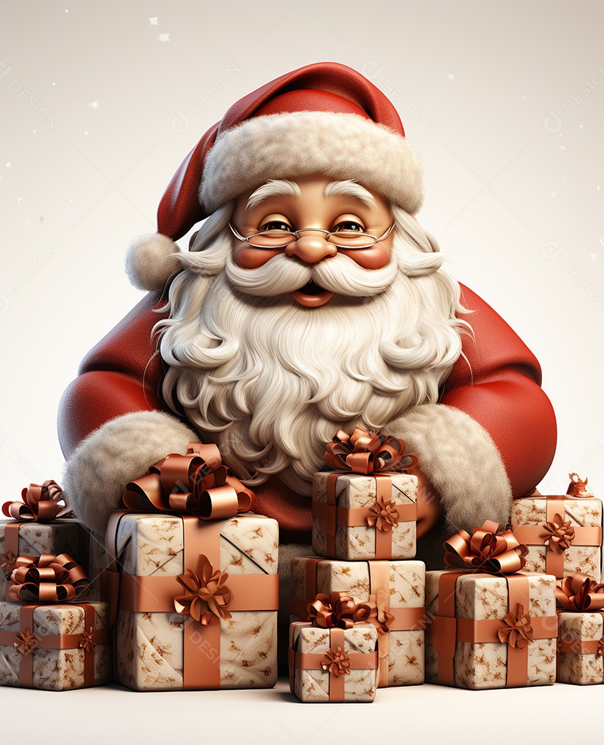 Papai Noel 3d com algumas caixas de presente em fundo branco transparente