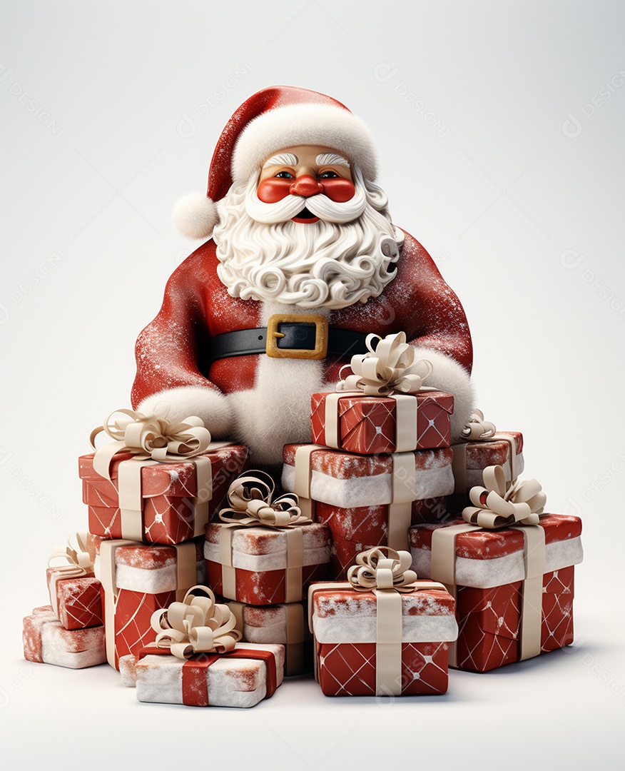 Papai Noel 3d com algumas caixas de presente em fundo branco transparente