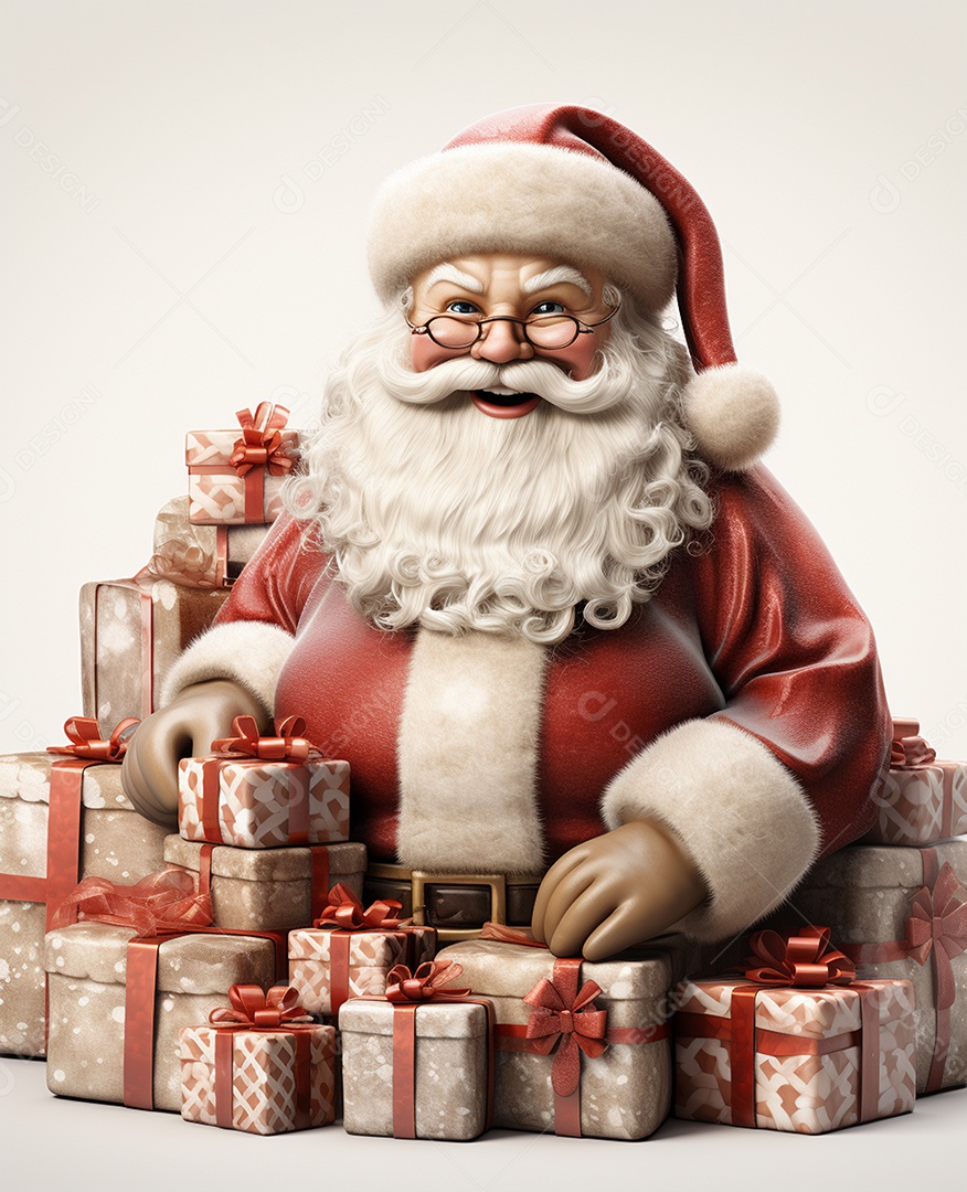 Papai Noel 3d com algumas caixas de presente em fundo branco transparente