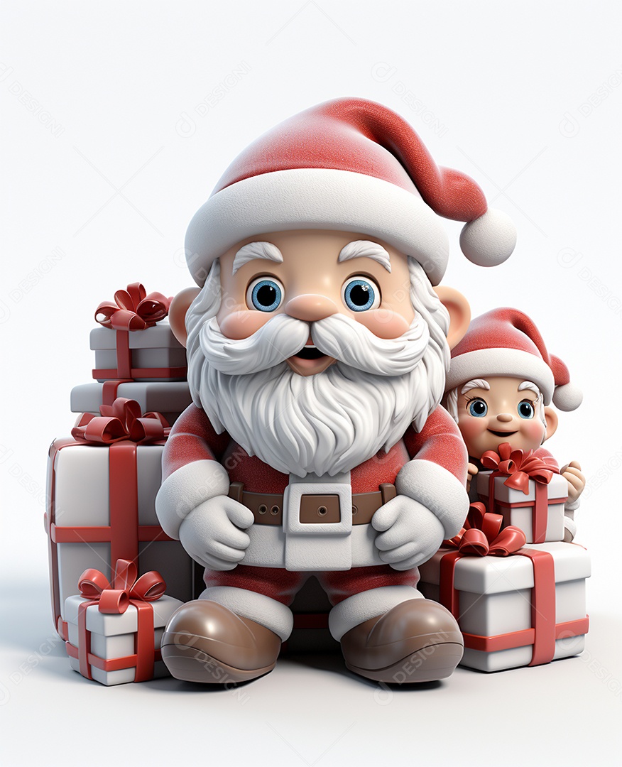 Papai Noel 3d com algumas caixas de presente em fundo branco transparente