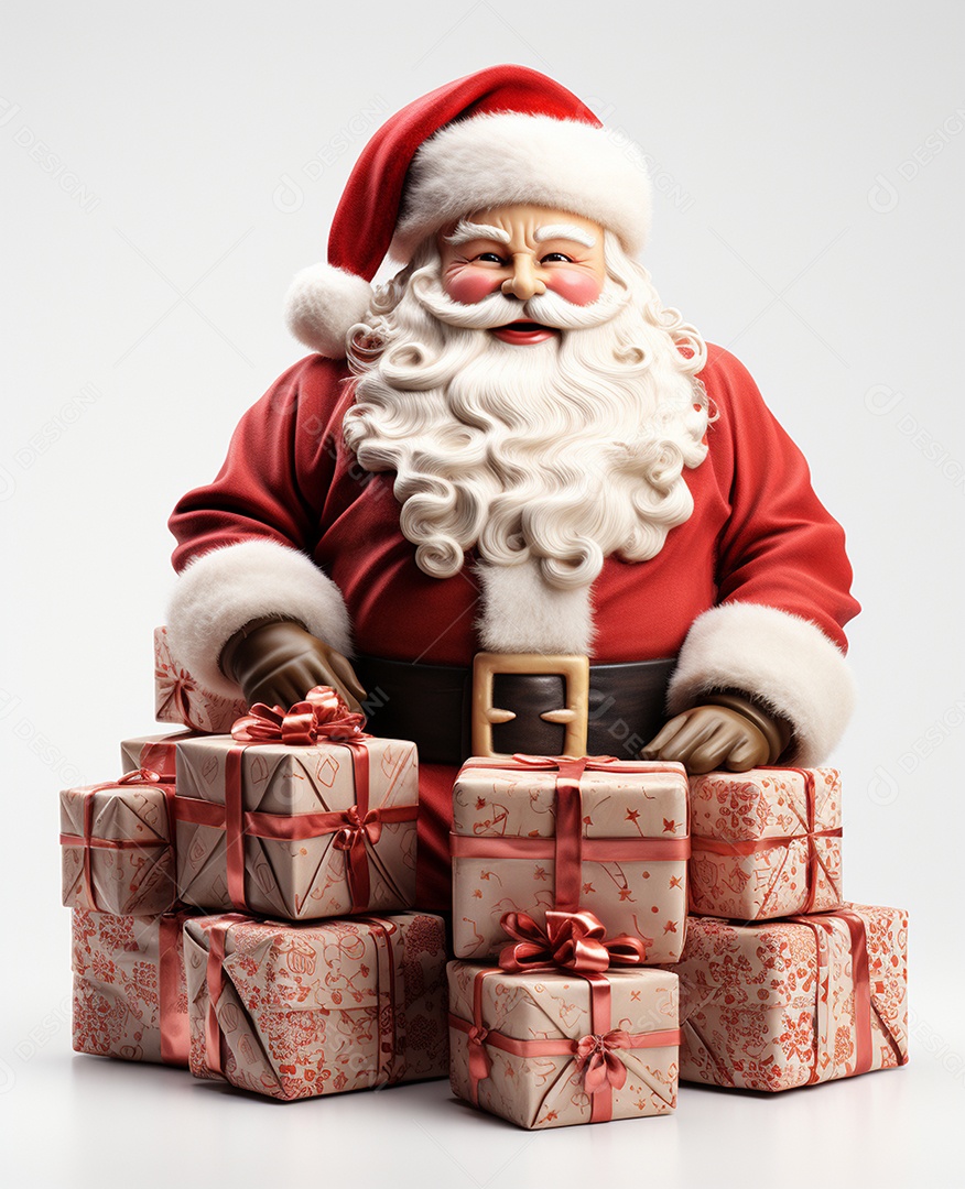 Papai Noel 3d com algumas caixas de presente em fundo branco transparente