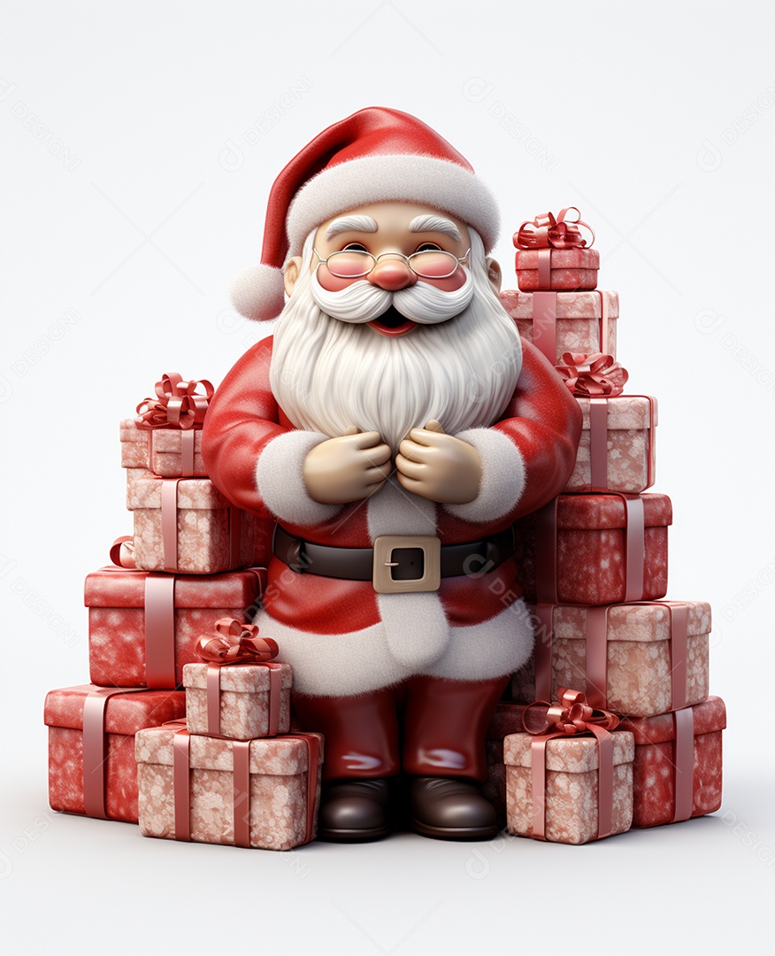 Papai Noel 3d com algumas caixas de presente em fundo branco transparente