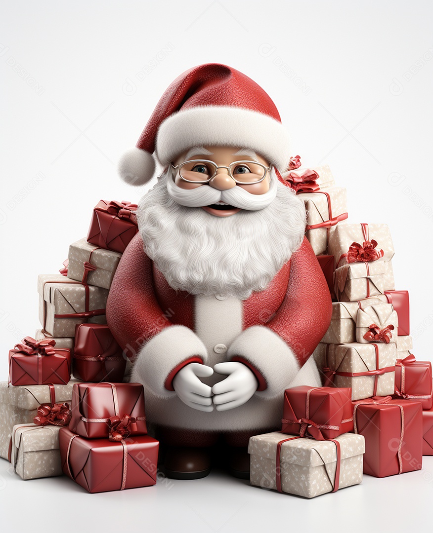 Papai Noel 3d com algumas caixas de presente em fundo branco transparente