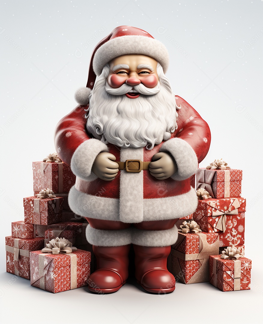 Papai Noel 3d com algumas caixas de presente em fundo branco transparente