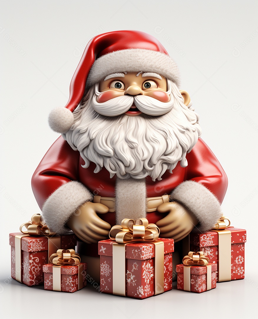 Papai Noel 3d com algumas caixas de presente em fundo branco transparente