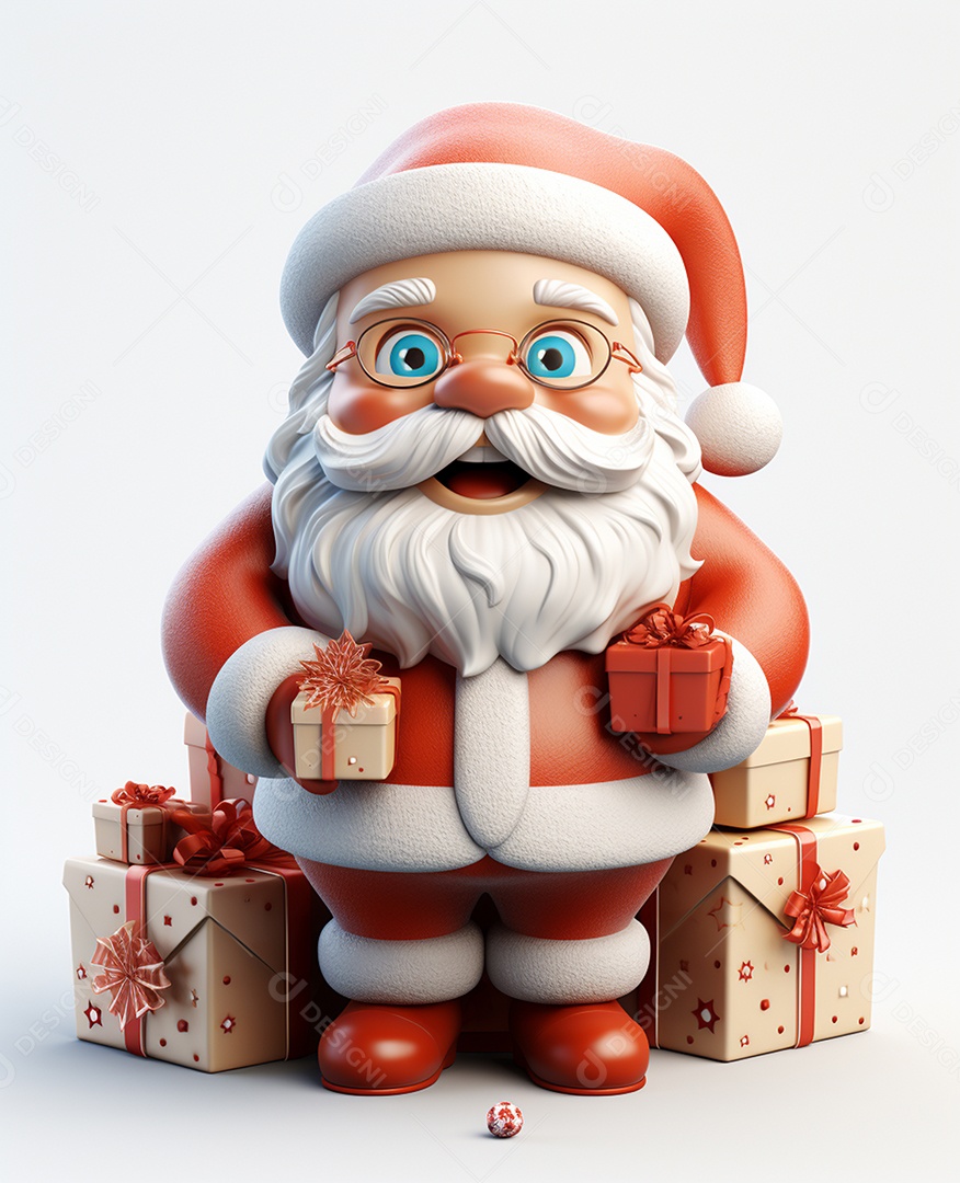 Papai Noel 3d com algumas caixas de presente em fundo branco transparente