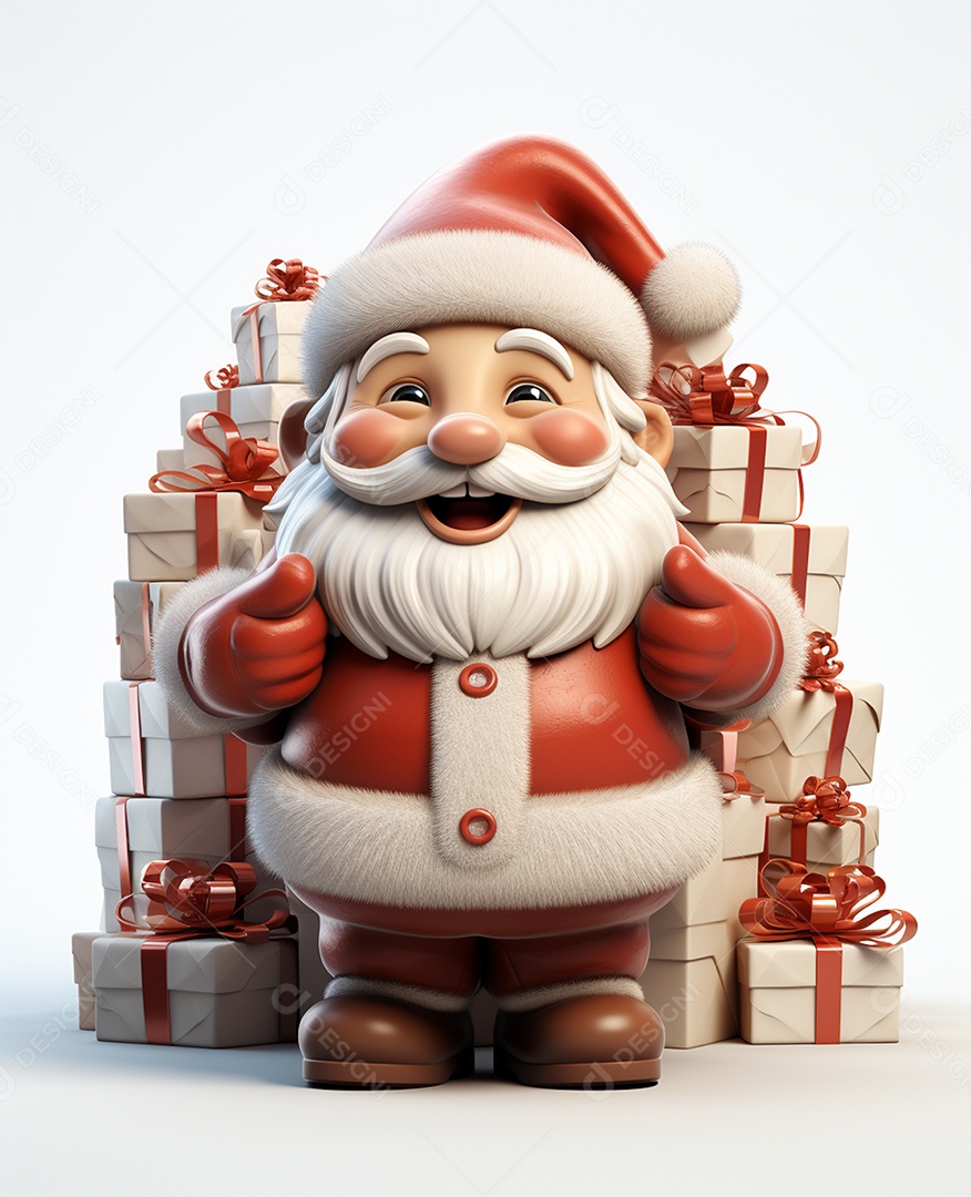 Papai Noel 3d com algumas caixas de presente em fundo branco transparente