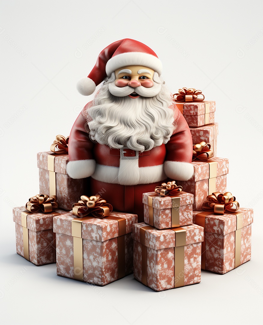 Papai Noel 3d com algumas caixas de presente em fundo branco transparente
