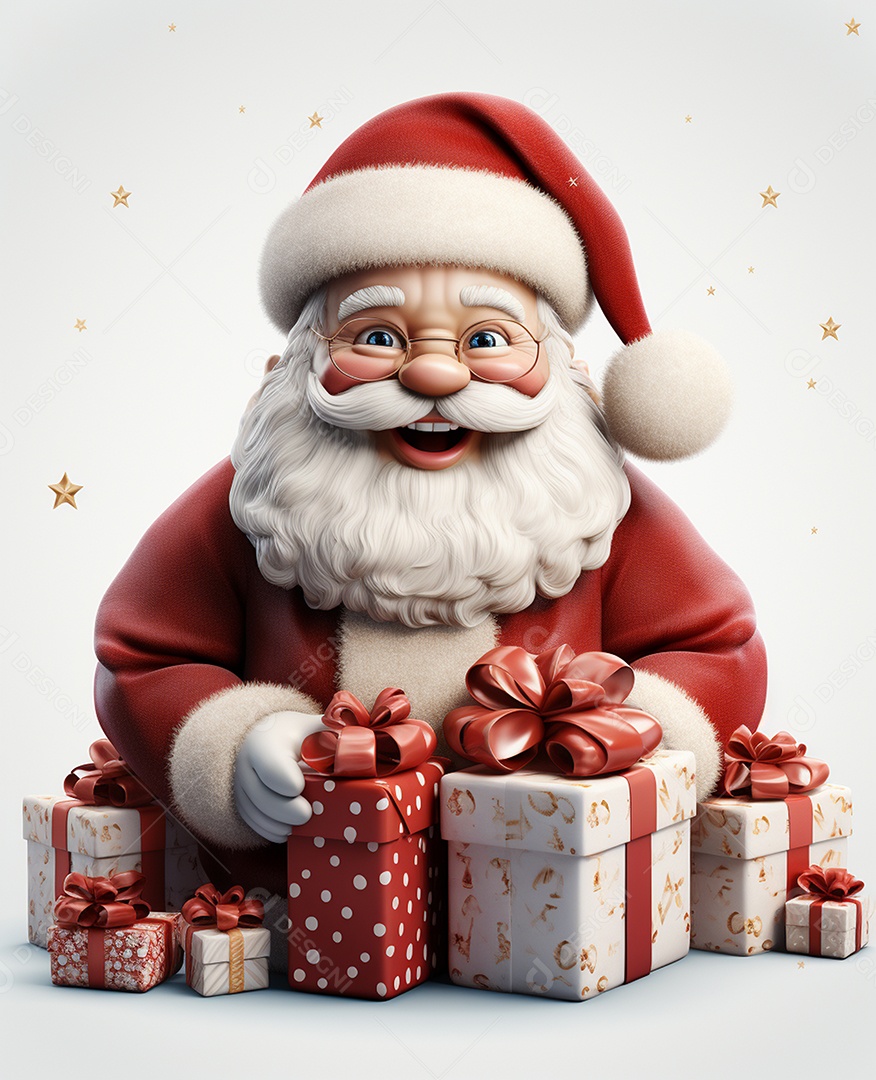 Papai Noel 3d com algumas caixas de presente em fundo branco transparente