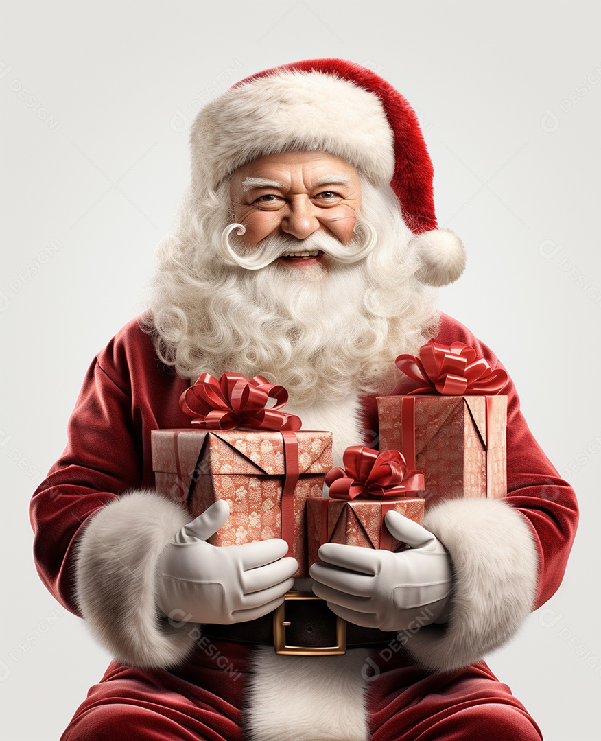 Papai Noel 3d com algumas caixas de presente em fundo branco transparente