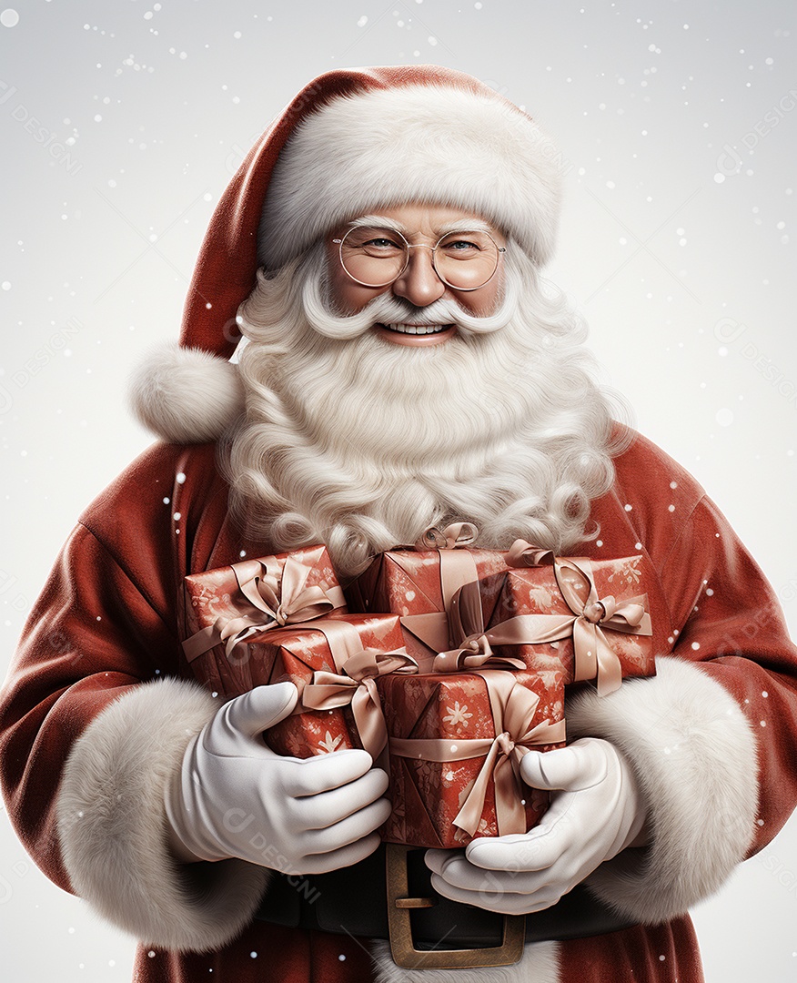 Papai Noel 3d com algumas caixas de presente em fundo branco transparente