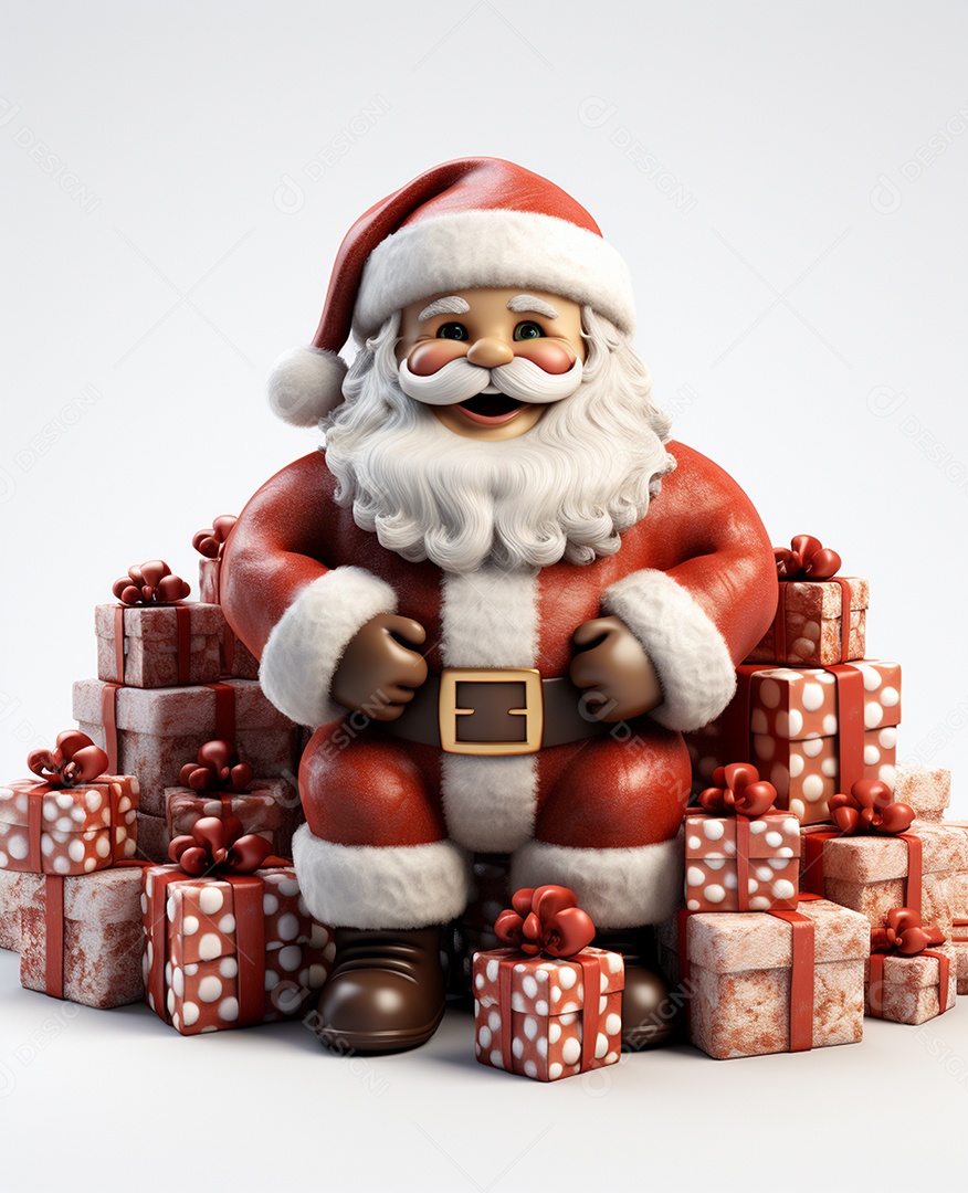 Papai Noel 3d com algumas caixas de presente em fundo branco transparente
