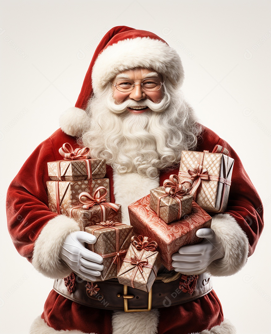 Papai Noel 3d com algumas caixas de presente em fundo branco transparente