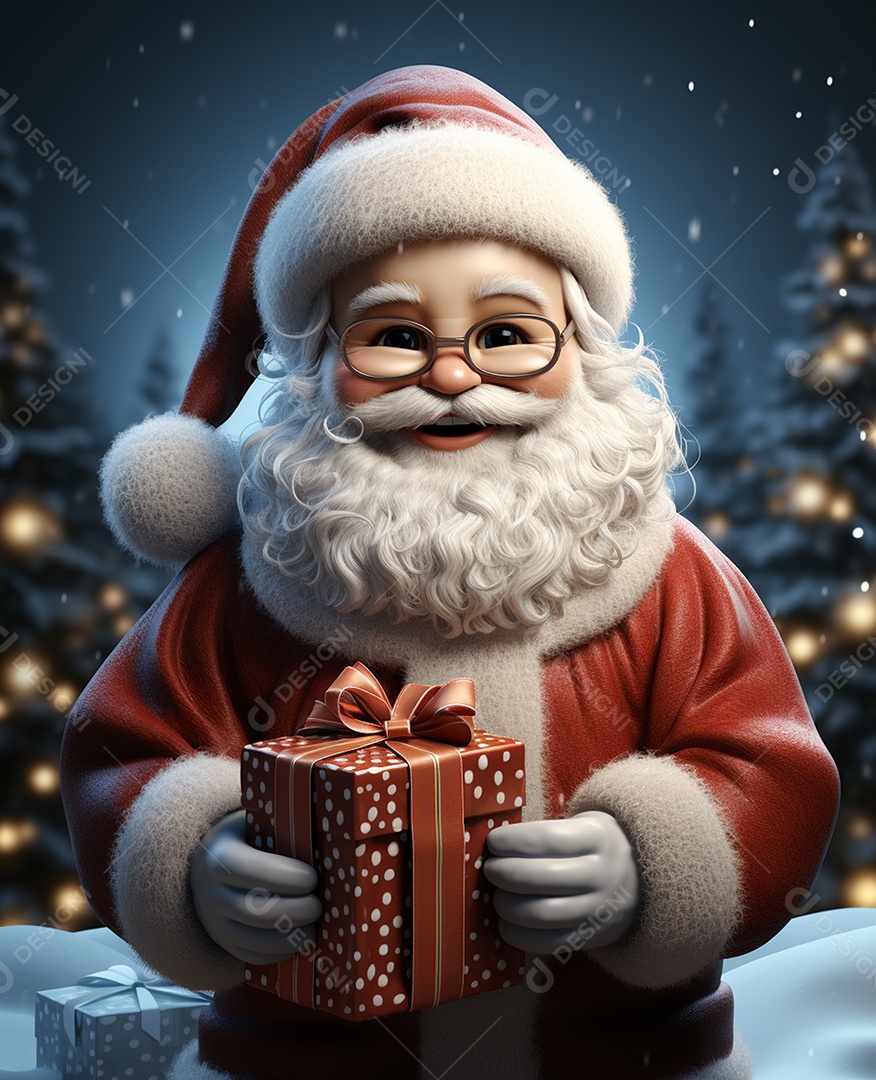 Papai Noel 3d com algumas caixas de presente em fundo branco transparente