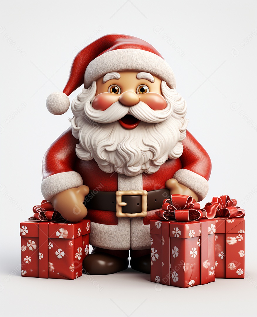 Papai Noel 3d com algumas caixas de presente em fundo branco transparente