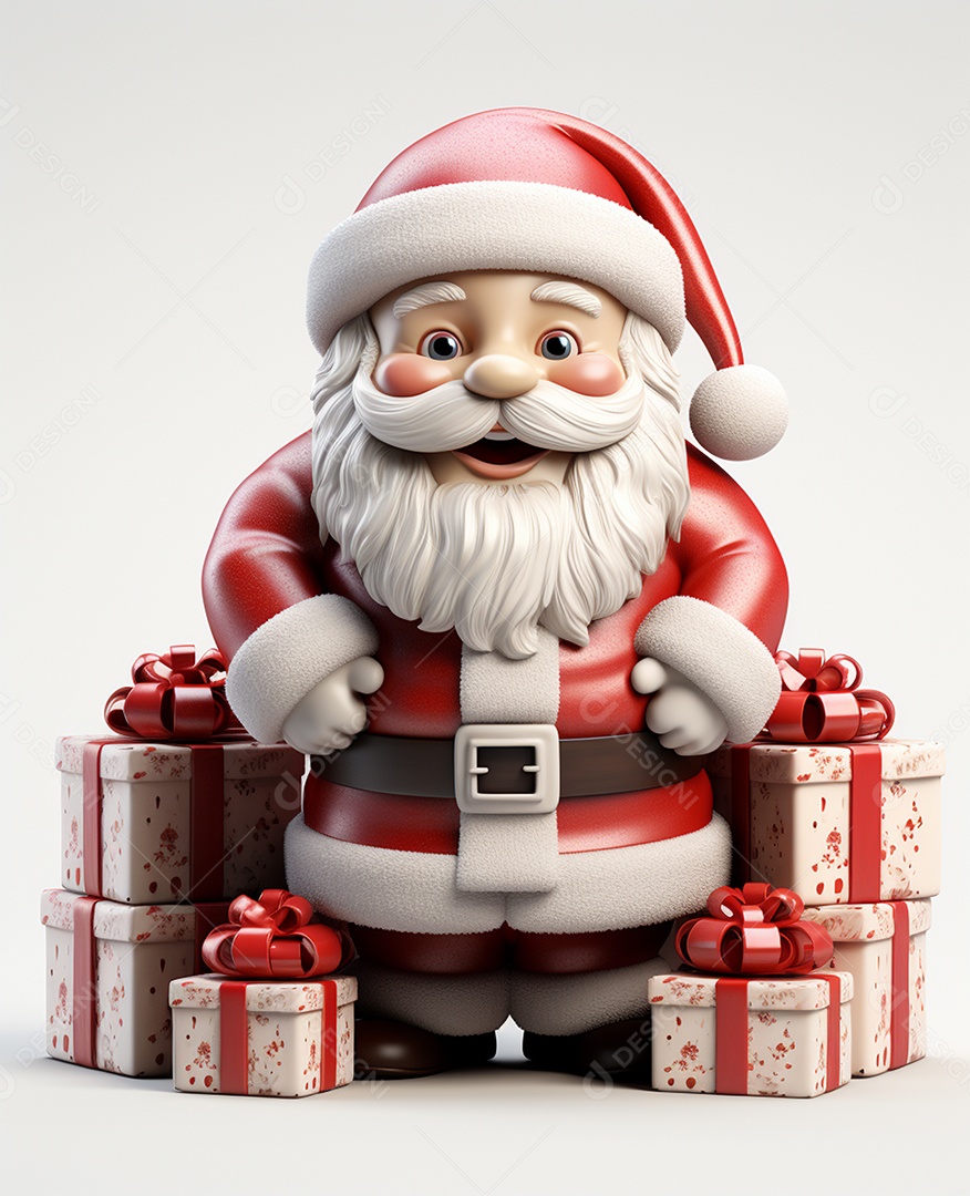 Papai Noel 3d com algumas caixas de presente em fundo branco transparente