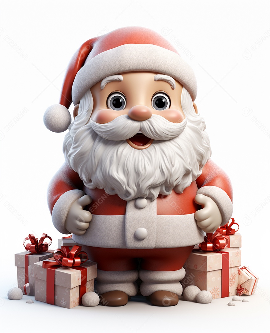 Papai Noel 3d com algumas caixas de presente em fundo branco transparente