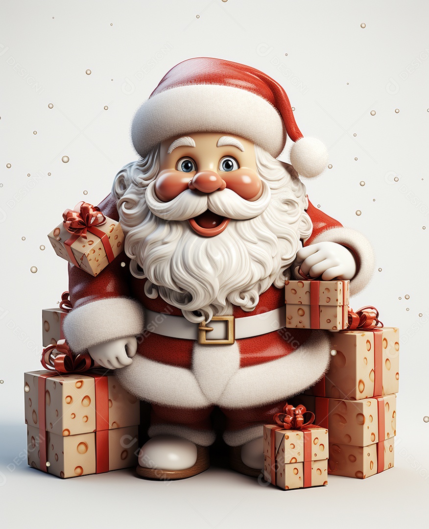 Papai Noel 3d com algumas caixas de presente em fundo branco transparente