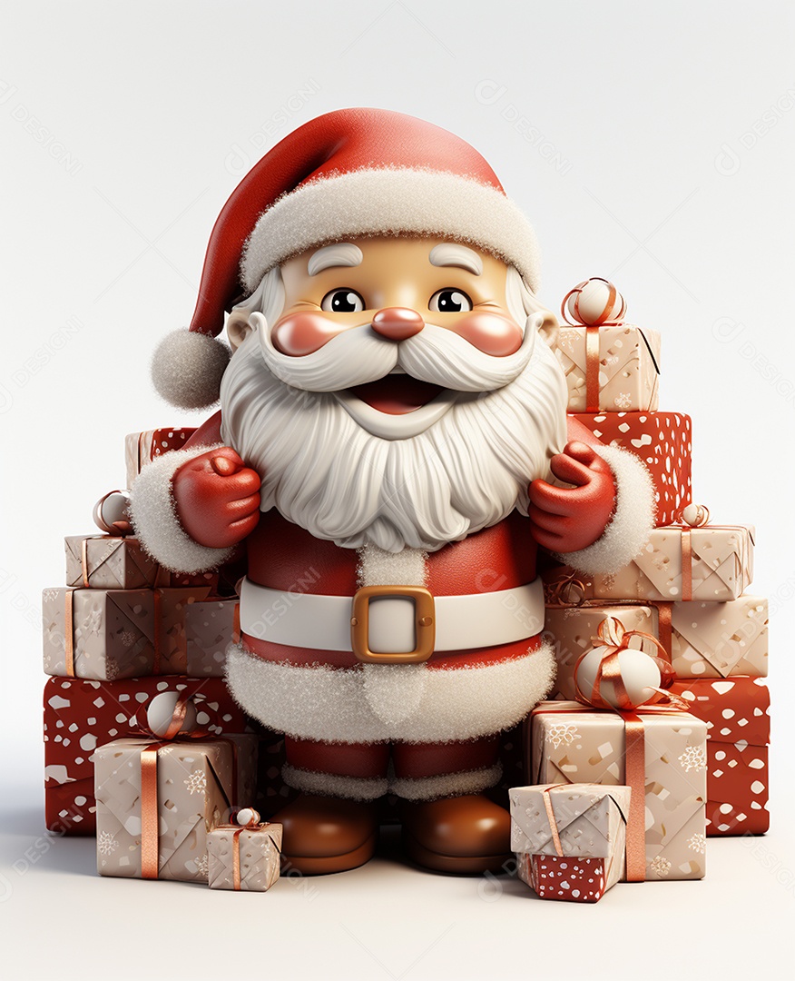 Papai Noel 3d com algumas caixas de presente em fundo branco transparente