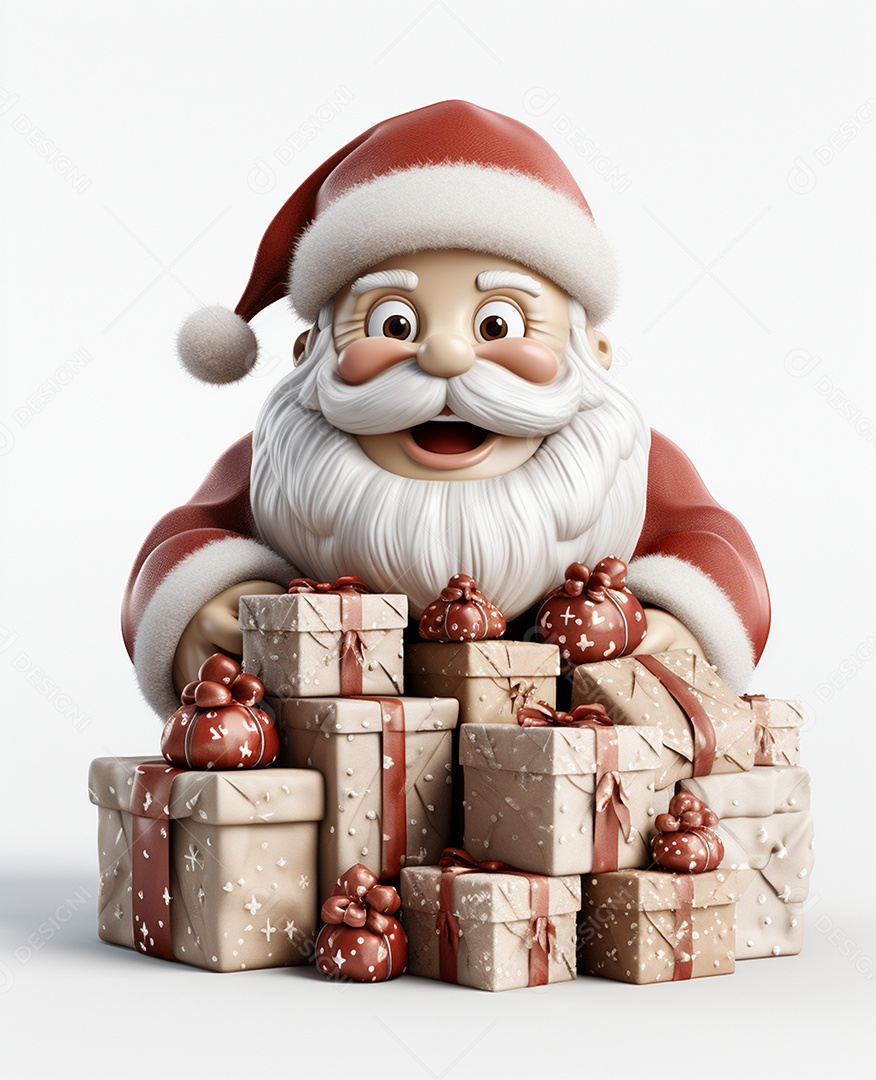Papai Noel 3d com algumas caixas de presente em fundo branco transparente