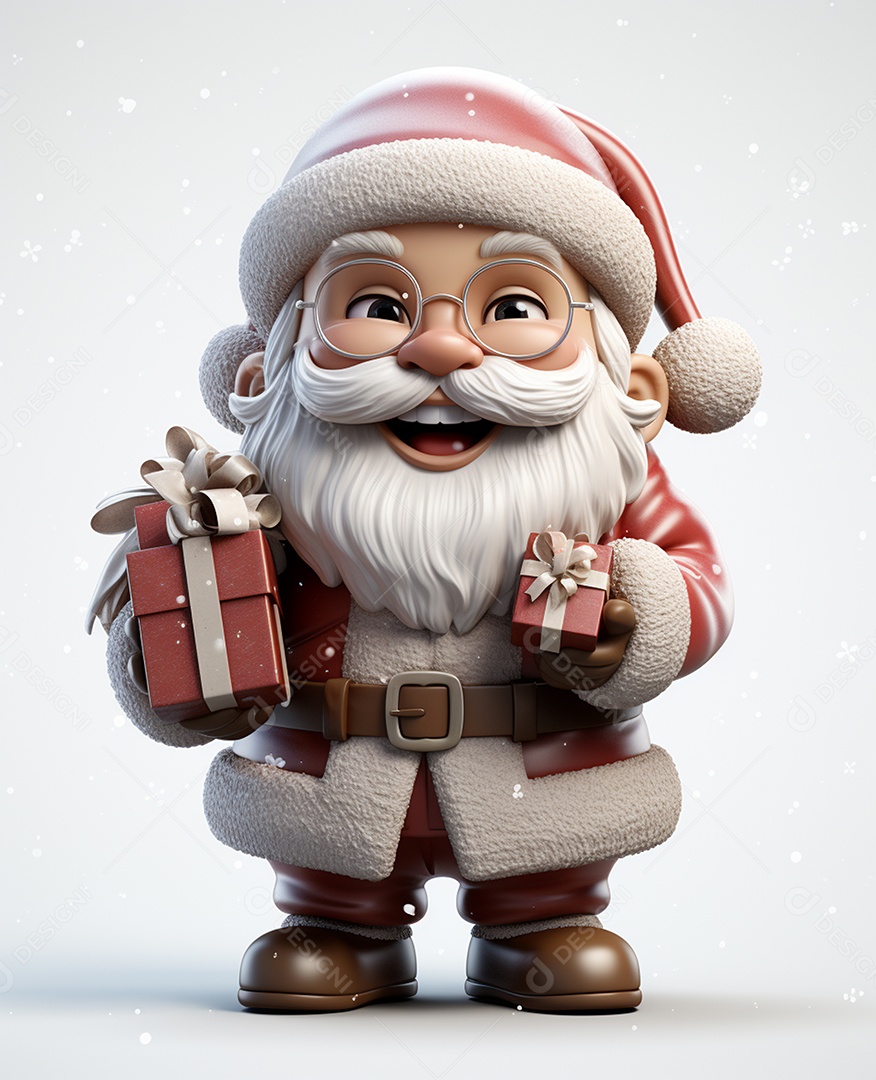 Papai Noel 3d com algumas caixas de presente em fundo branco transparente