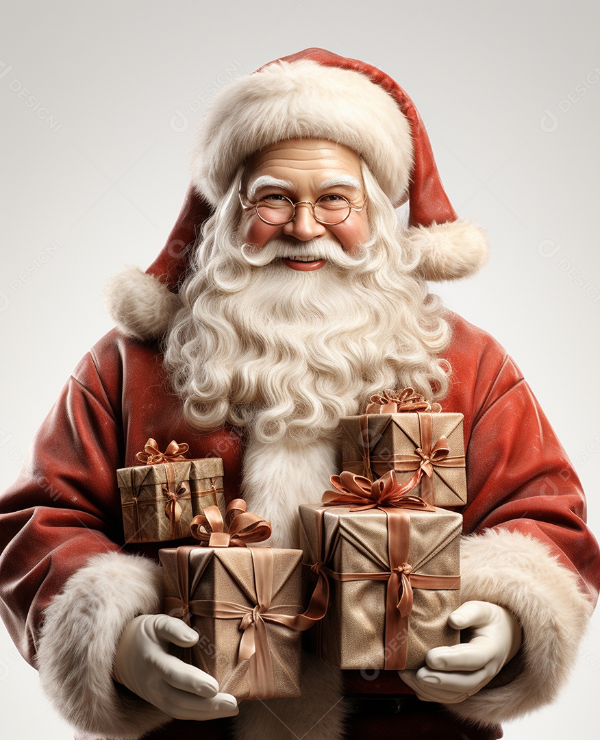 Papai Noel 3d com algumas caixas de presente em fundo branco transparente
