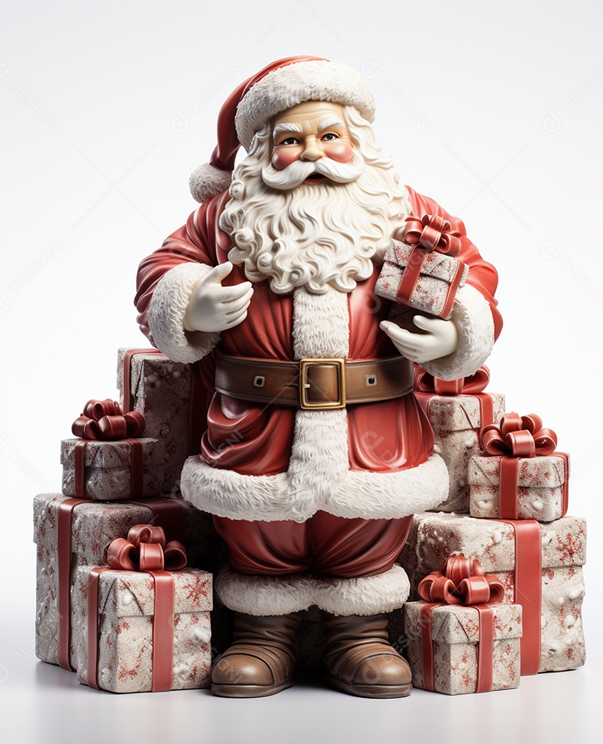 Papai Noel 3d com algumas caixas de presente em fundo branco transparente