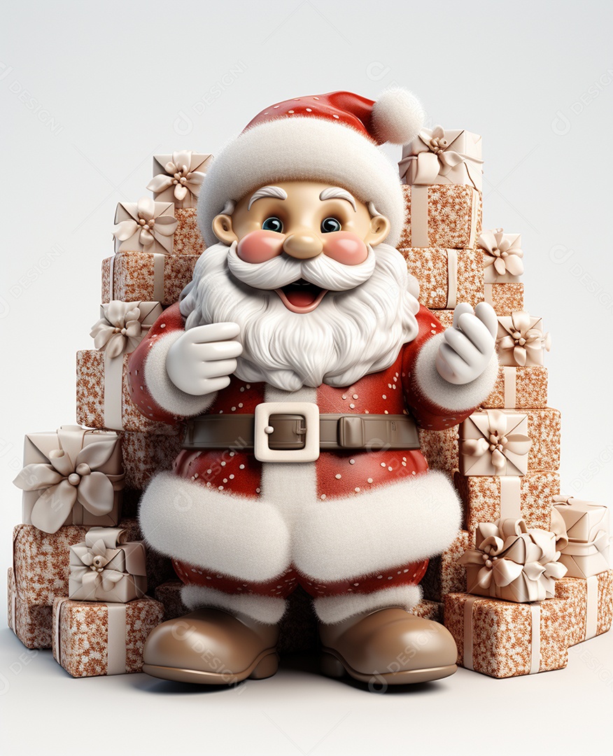 Papai Noel 3d com algumas caixas de presente em fundo branco transparente