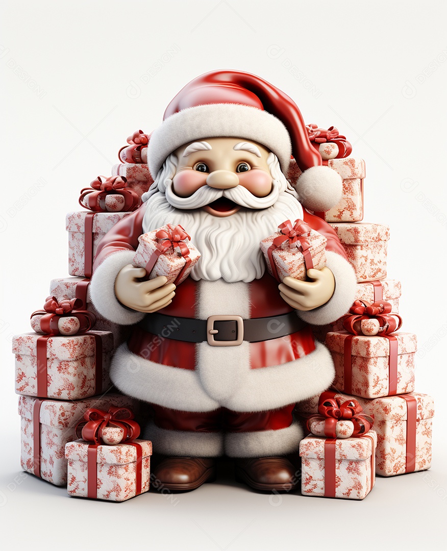 Papai Noel 3d com algumas caixas de presente em fundo branco transparente