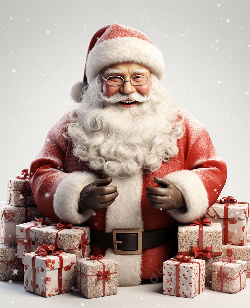 Papai Noel 3d com algumas caixas de presente em fundo branco transparente