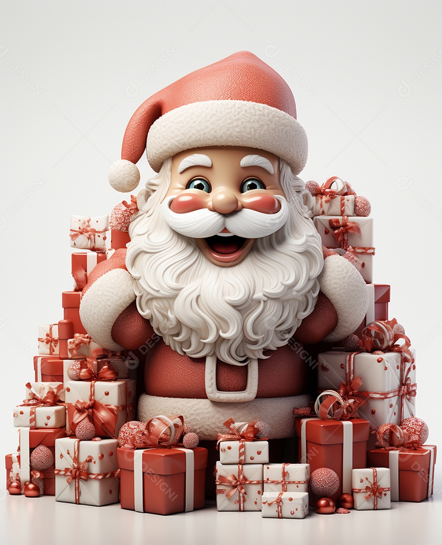Papai Noel 3d com algumas caixas de presente em fundo branco transparente