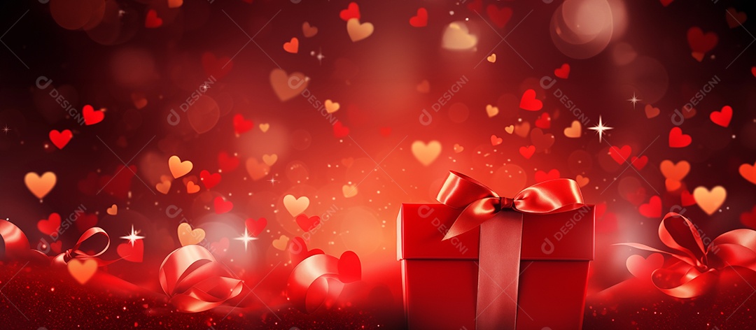 Caixa de presente sobre fundo vermelho de coração