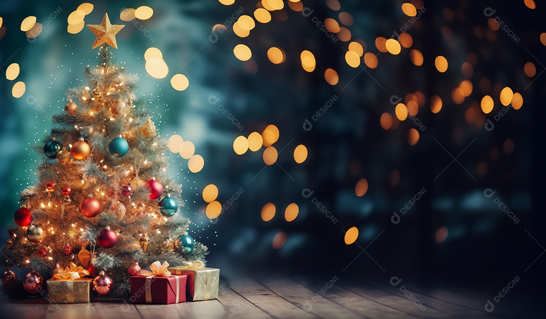 Árvore enfeitada com presentes embaixo