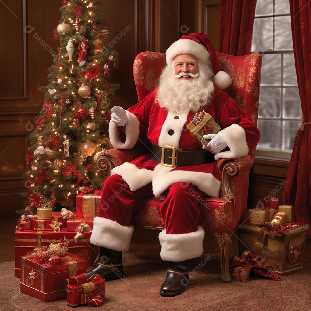 Celebração natalina papai noel sentado na poltrona com presente na mão
