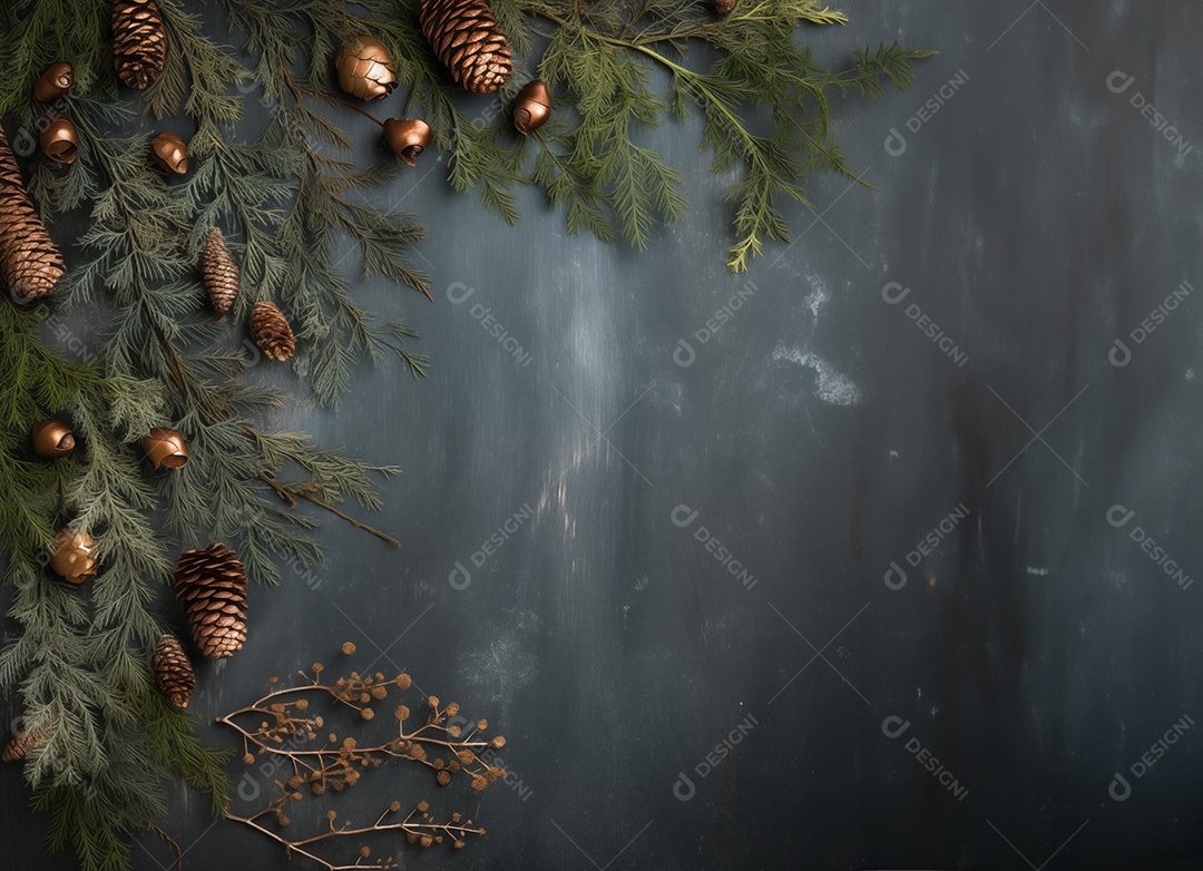 Galhos decorativos e pinhas douradas para festa natalina