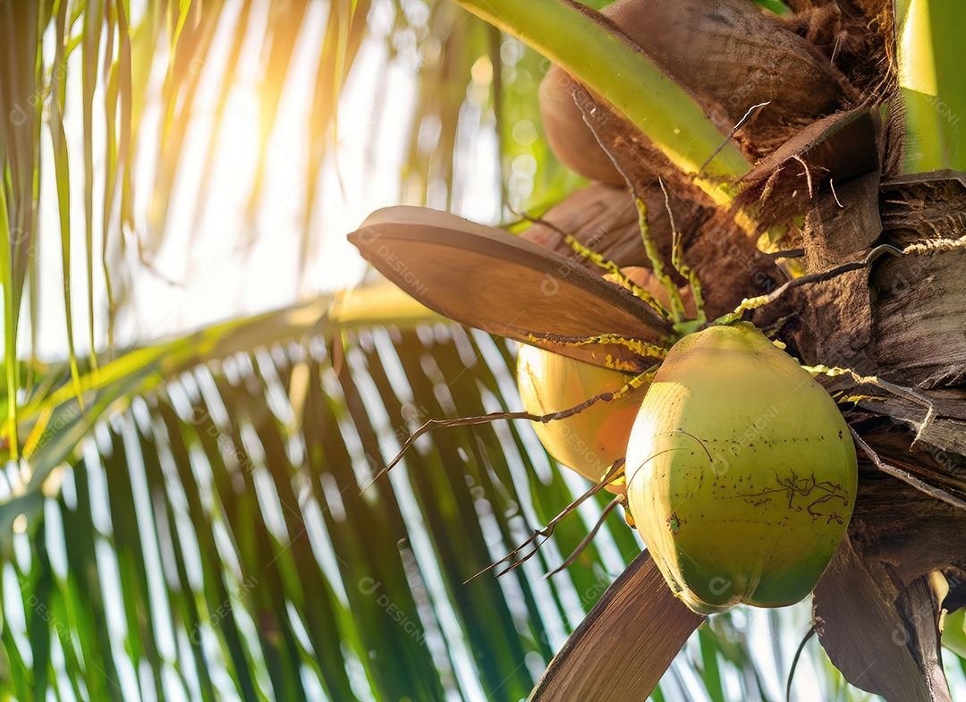 O coco cresce em uma árvore no jardim de colheita sob o clarão do sol