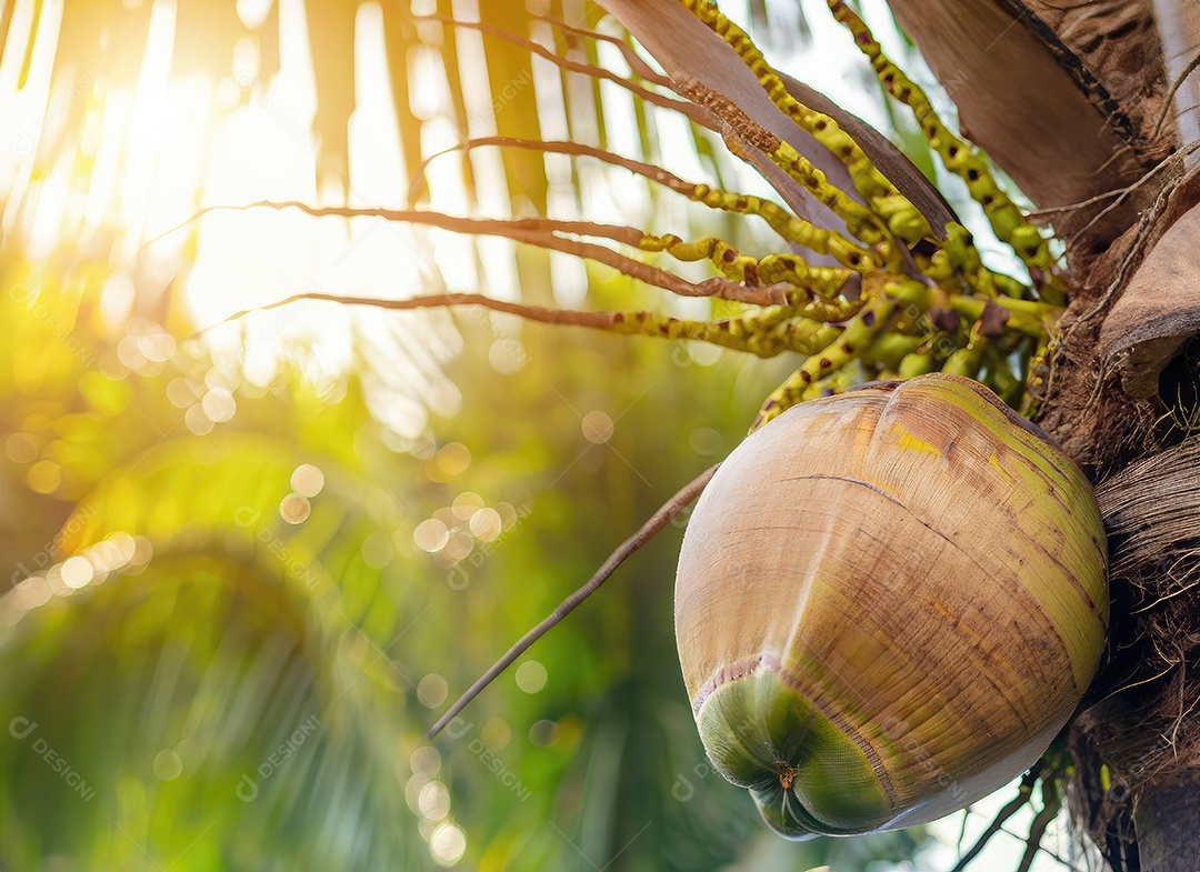 O coco cresce em uma árvore no jardim da colheita no clarão do sol