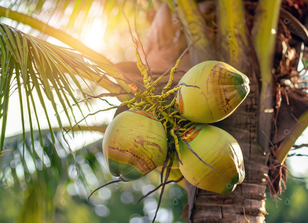 O coco cresce em uma árvore no jardim da colheita no clarão do sol