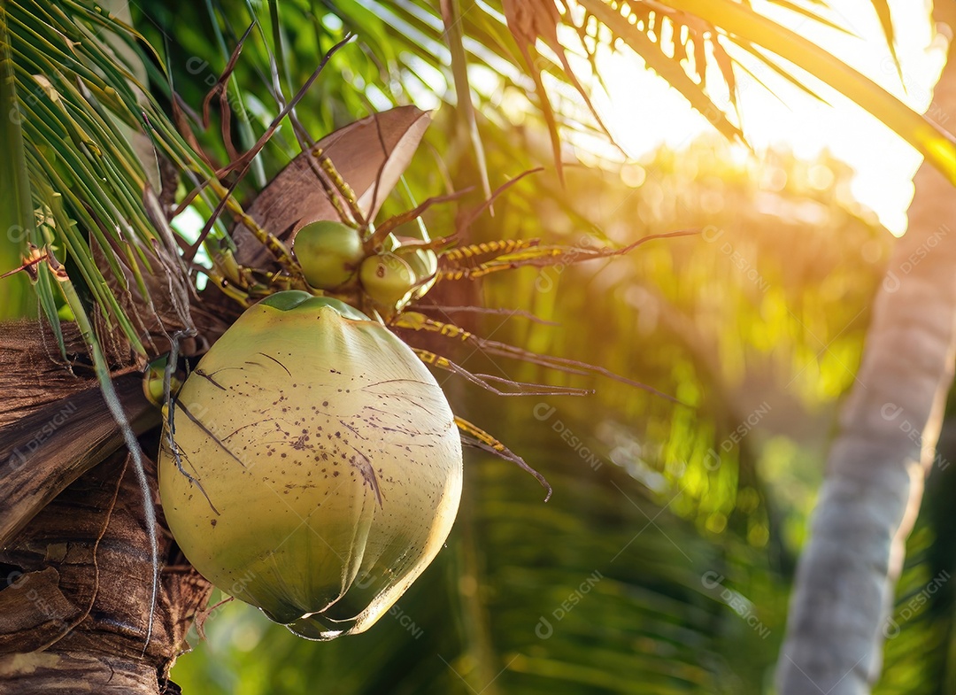 O coco cresce em uma árvore no jardim da colheita no clarão do sol
