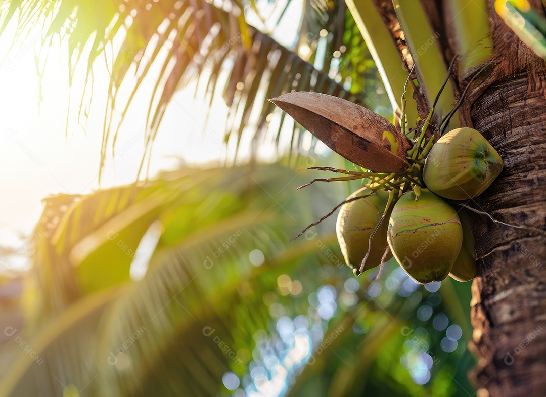O coco cresce em uma árvore no jardim da colheita no clarão do sol