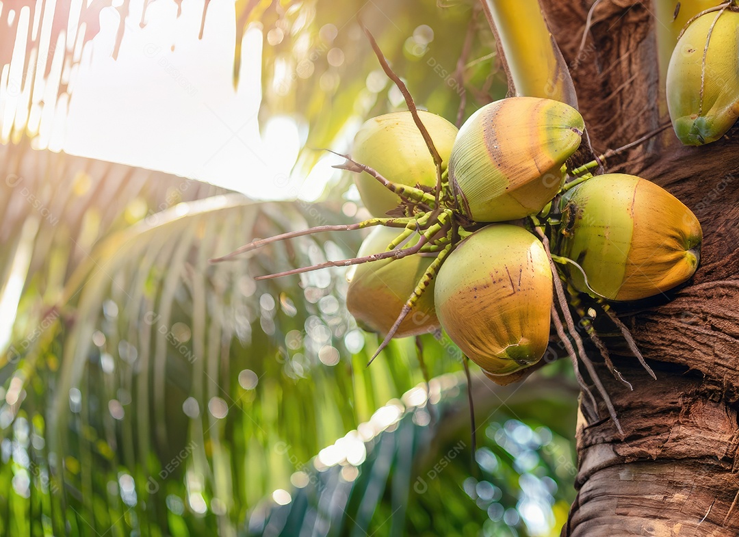 O coco cresce em uma árvore no jardim da colheita no clarão do sol