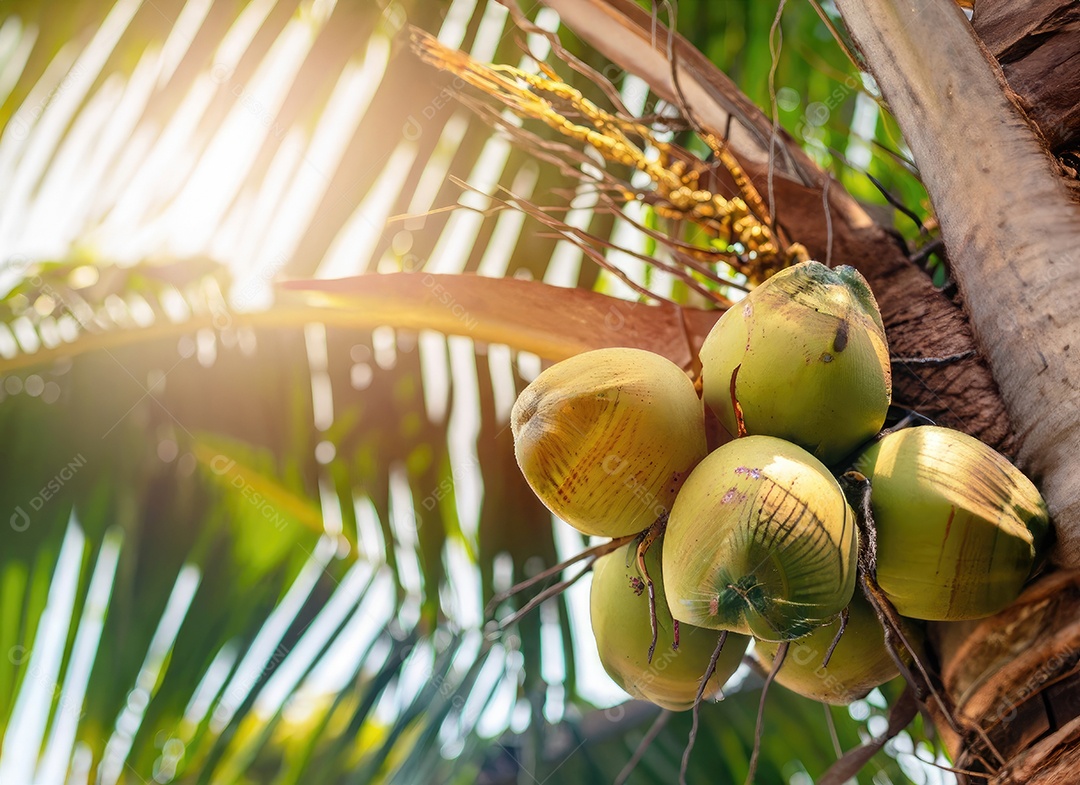 O coco cresce em uma árvore no jardim da colheita no clarão do sol