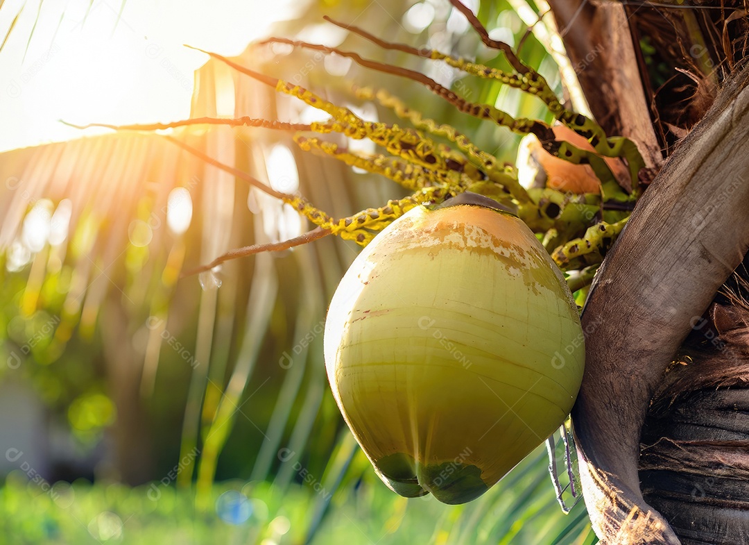 O coco cresce em uma árvore no jardim da colheita no clarão do sol