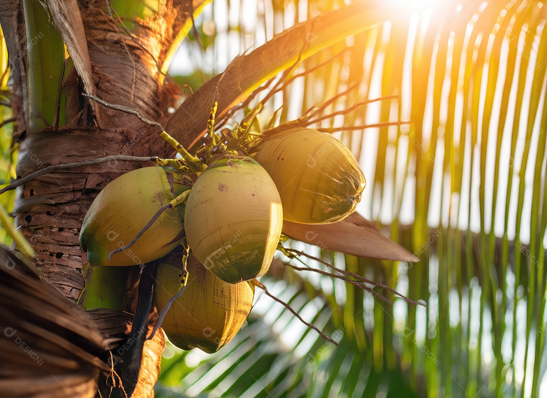 O coco cresce em uma árvore no jardim da colheita no clarão do sol